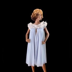 60’s Claire Sandra by Lucie Ann Pale Blue Dressing Robe w/ Marabou Feathers (M)
